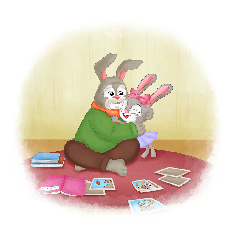 Grandpa and Rosemary Rabbit hugging on the floor with photos